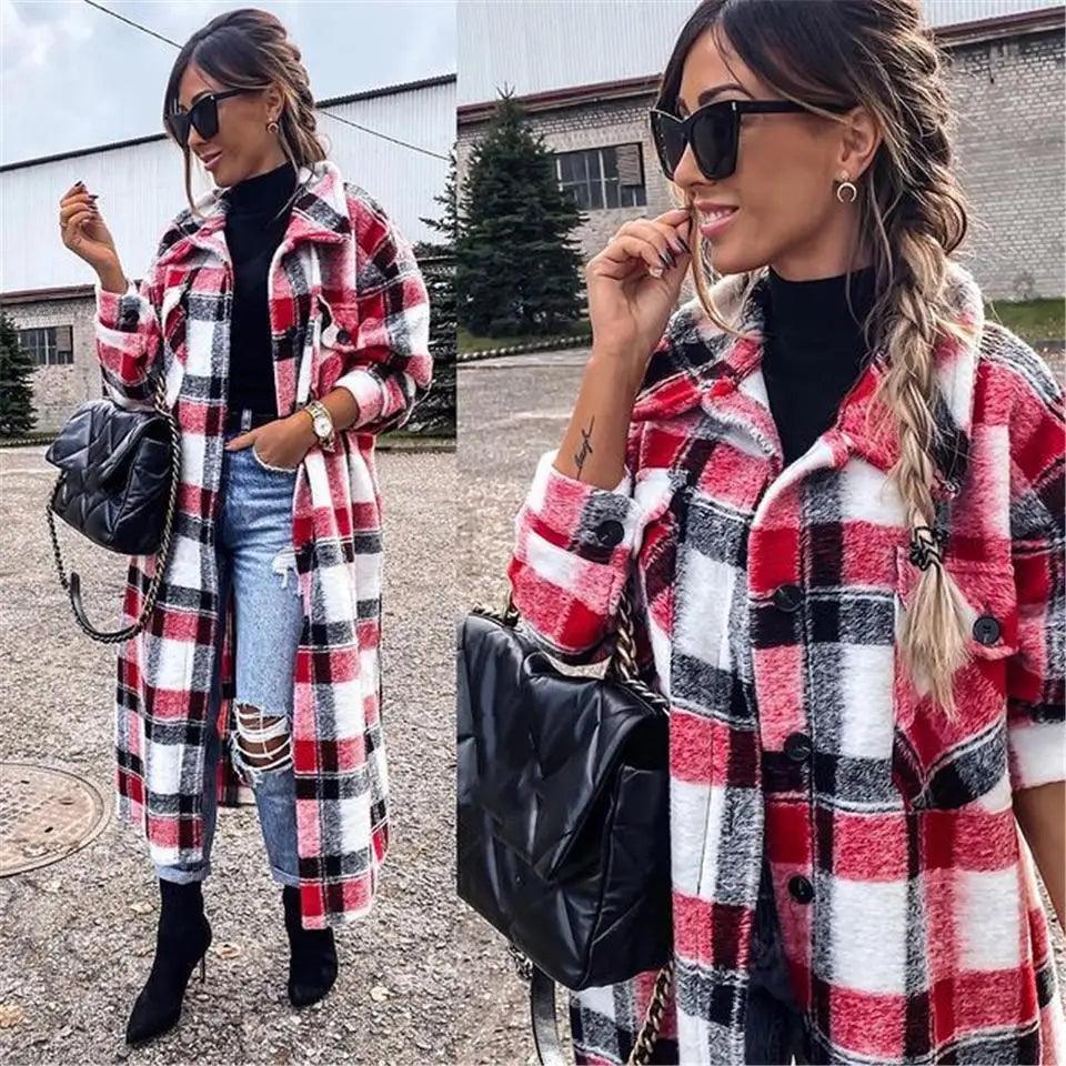 Women's Red Plaid Lapel Jacket Single Breasted Cardigan Coat