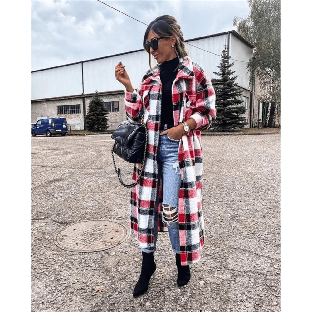 Women's Red Plaid Lapel Jacket Single Breasted Cardigan Coat