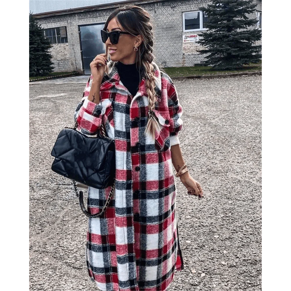 Women's Red Plaid Lapel Jacket Single Breasted Cardigan Coat