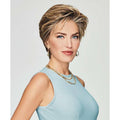 Close up of the UP CLOSE & PERSONAL short wig by Raquel Welch featuring feathery bangs and textured back