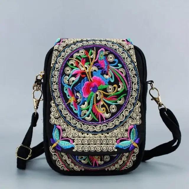 Vintage Handmade Floral Embroidered Mini Crossbody Bag Pouch