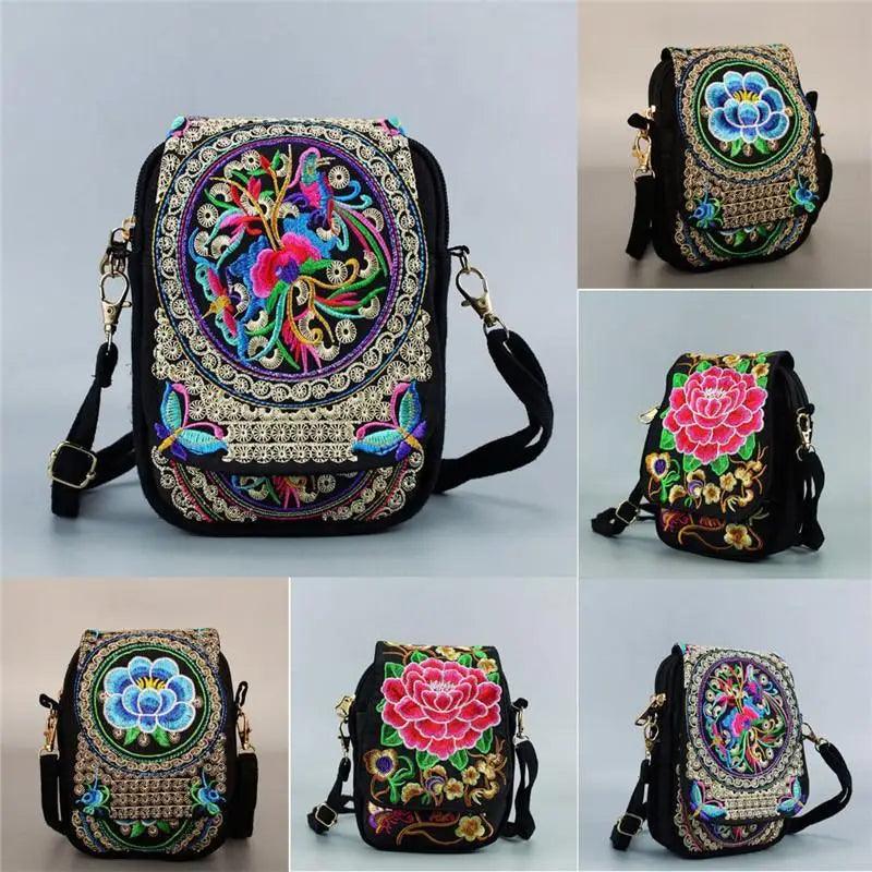 Vintage Handmade Floral Embroidered Mini Crossbody Bag Pouch