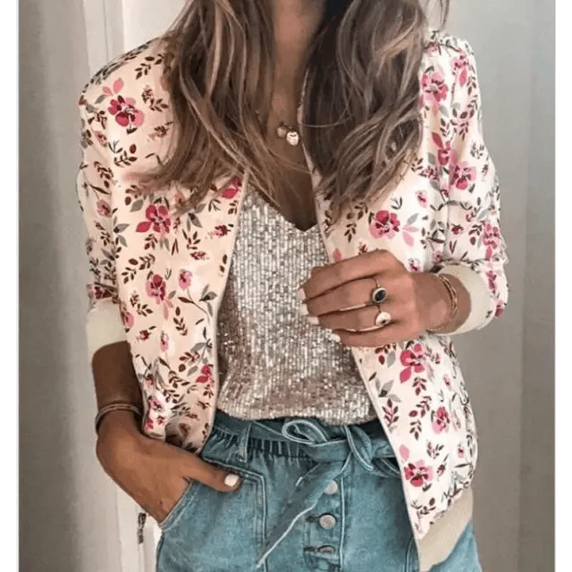 Vintage Style Printed Chiffon Bomber Jacket with Pockets
