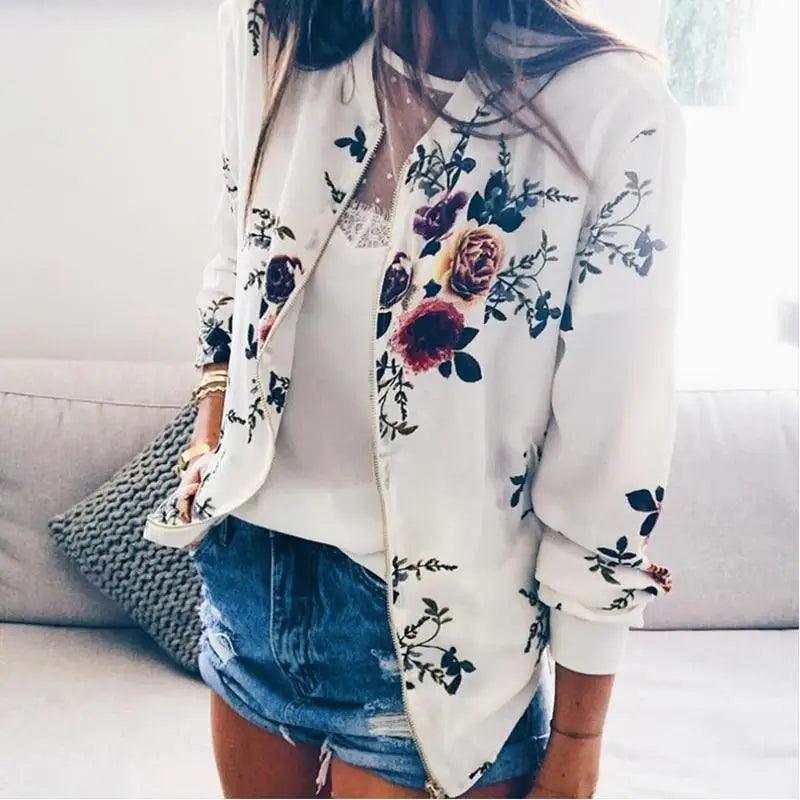 Vintage style white floral print chiffon bomber jacket with zipper and pockets