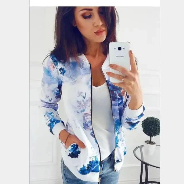 Vintage Style Printed Chiffon Bomber Jacket with Pockets