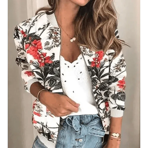 Vintage Style Printed Chiffon Bomber Jacket with Pockets