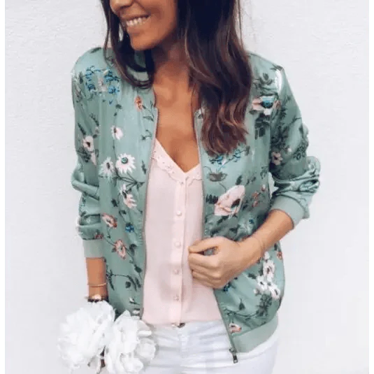 Vintage Style Printed Chiffon Bomber Jacket with Pockets