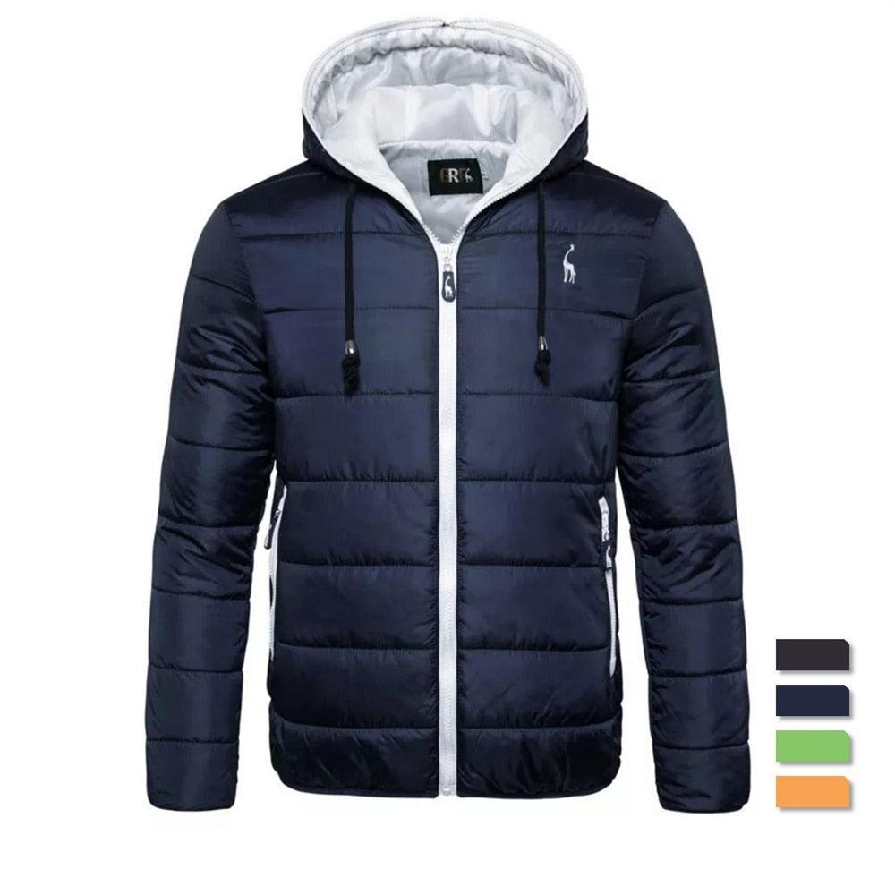 Men wearing a blue waterproof hooded winter jacket for hiking and outdoor activities.