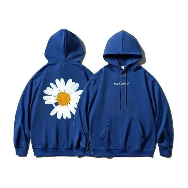 Oversized Sunflower Print Hooded Sweatshirt Winter Thicken Pullover