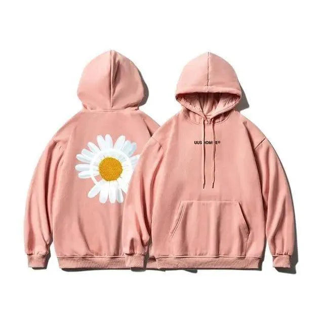 Oversized Sunflower Print Hooded Sweatshirt Winter Thicken Pullover