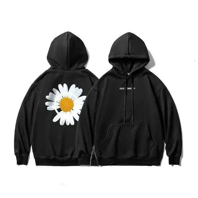 Oversized Sunflower Print Hooded Sweatshirt Winter Thicken Pullover
