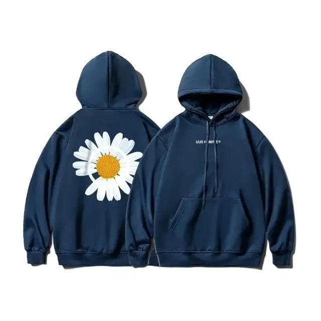 Oversized Sunflower Print Hooded Sweatshirt Winter Thicken Pullover