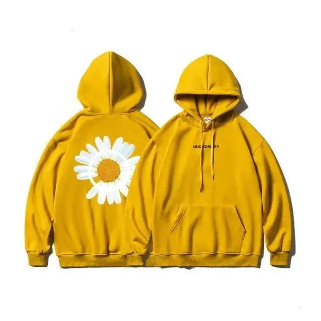 Oversized Sunflower Print Hooded Sweatshirt Winter Thicken Pullover
