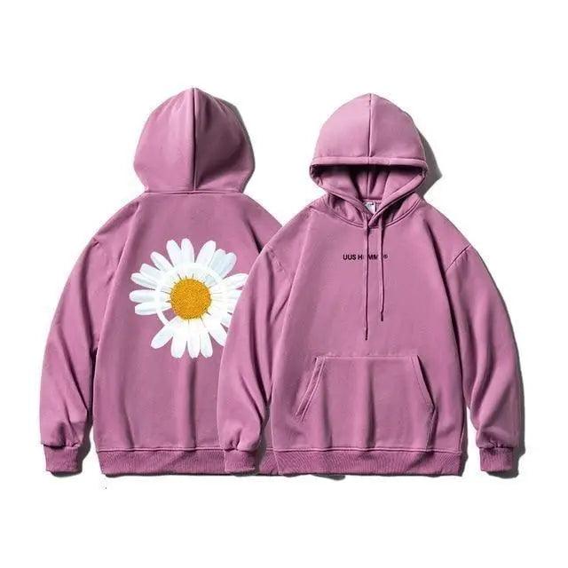 Oversized Sunflower Print Hooded Sweatshirt Winter Thicken Pullover