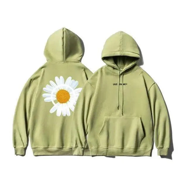 Oversized Sunflower Print Hooded Sweatshirt Winter Thicken Pullover