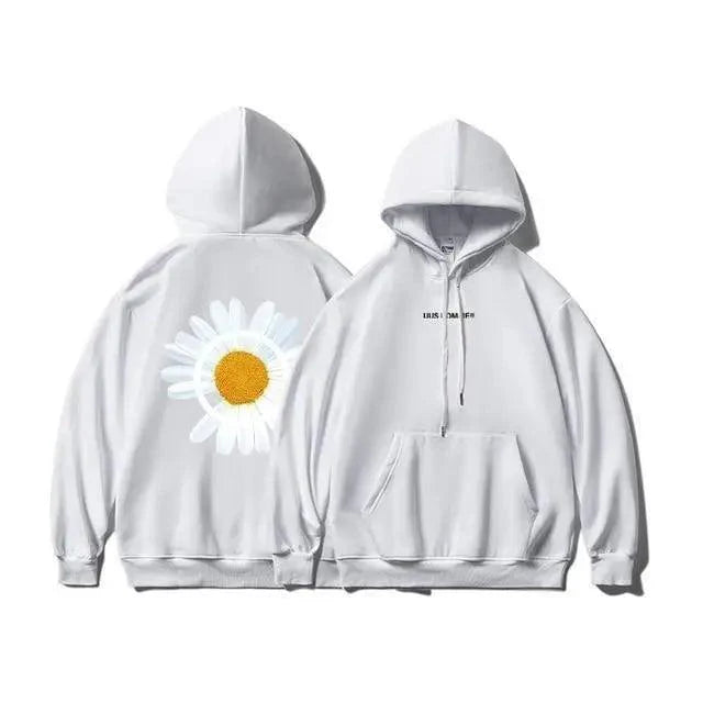 Oversized Sunflower Print Hooded Sweatshirt Winter Thicken Pullover
