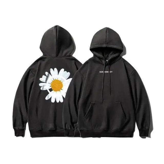 Oversized Sunflower Print Hooded Sweatshirt Winter Thicken Pullover