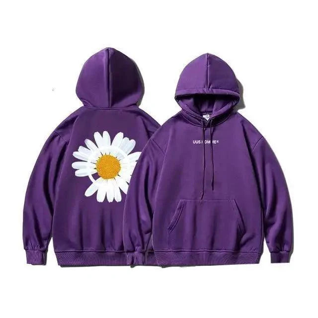 Oversized Sunflower Print Hooded Sweatshirt Winter Thicken Pullover