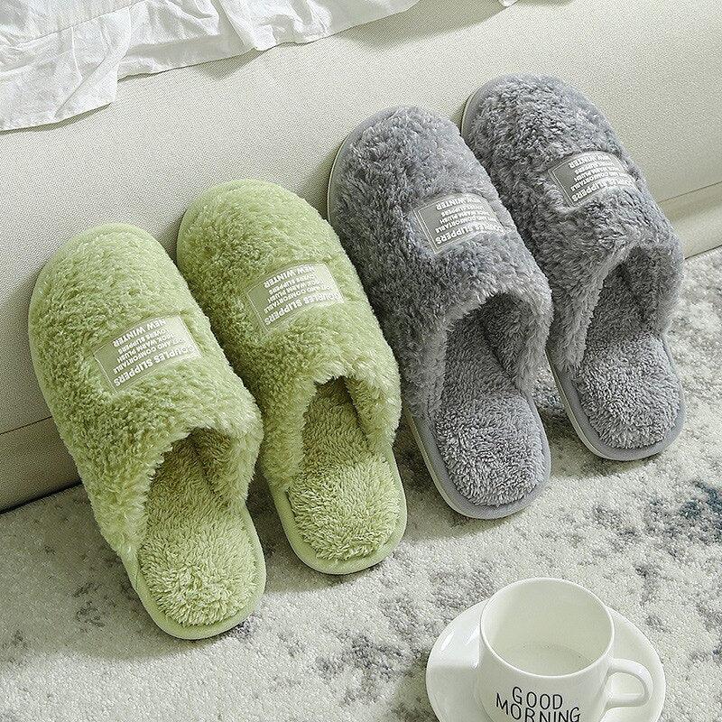 Unisex minimalist plush indoor slippers in various colors with memory foam sole