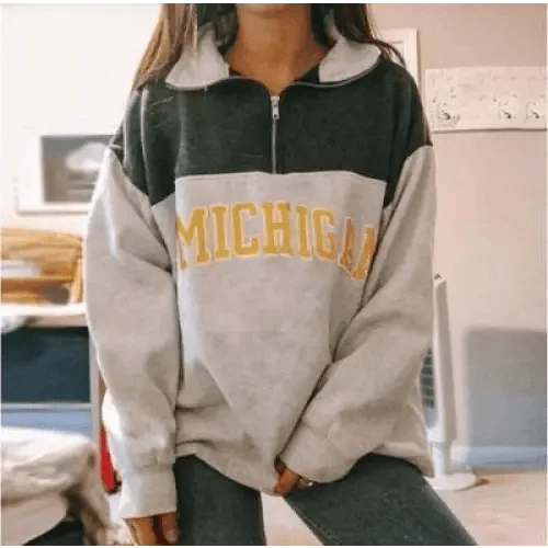 Vintage Letter Printed Quarter Zip Fleece Pullover Sweatshirt