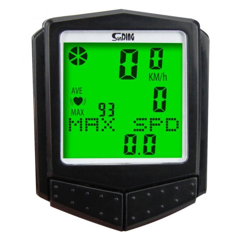Minimalist wireless bicycle computer with neon green backlit LCD display and black housing mounted on bike handlebars