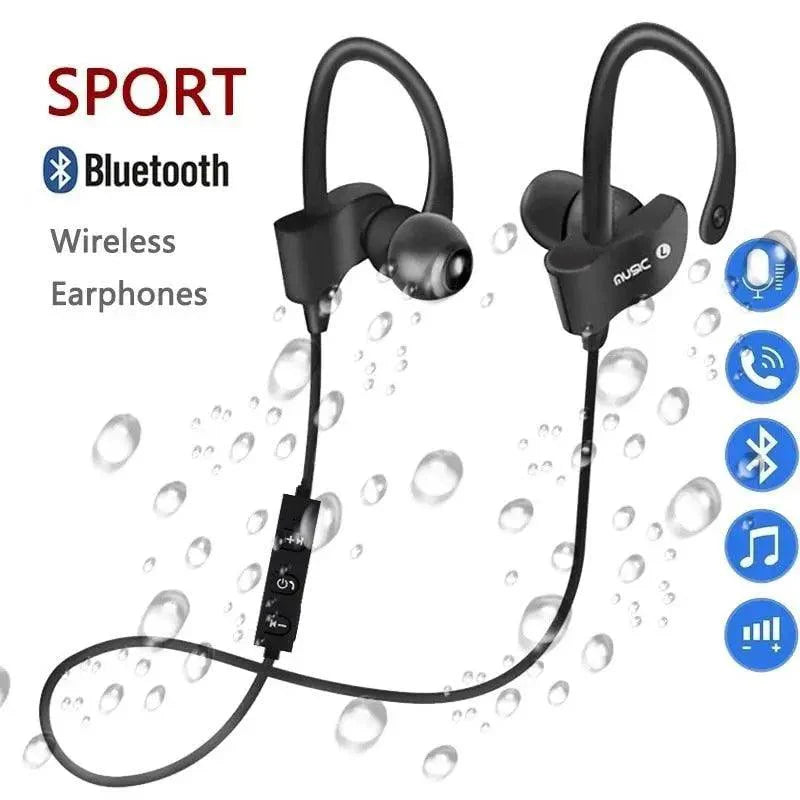 Sporty wireless Bluetooth 5.0 earphones in black and red with wire-controlled microphone