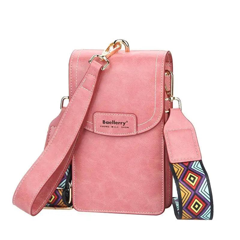 Multifunction leather phone crossbody purse in solid grey, pink, and beige colors