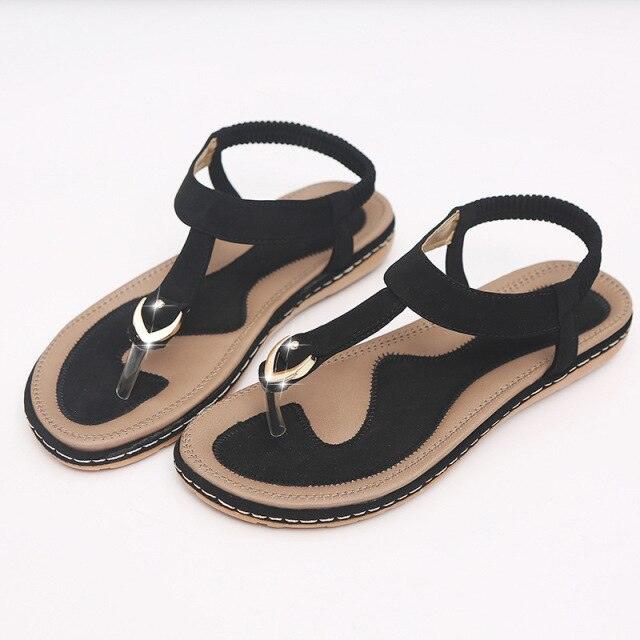 Women's T-Strap Flat Sandals Elastic Ankle Strap Beach Flip Flops