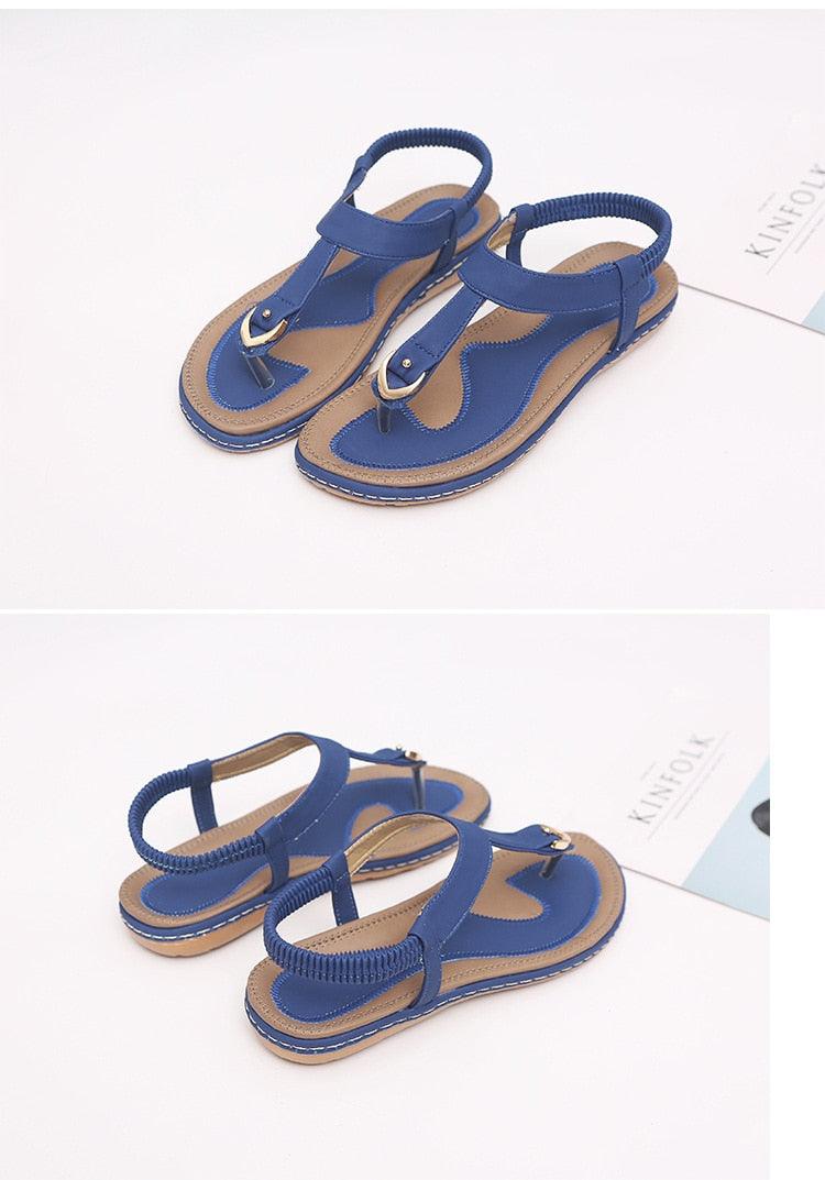 Women's T-Strap Flat Sandals Elastic Ankle Strap Beach Flip Flops