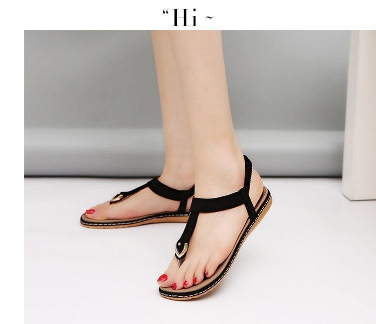 Women's T-Strap Flat Sandals Elastic Ankle Strap Beach Flip Flops