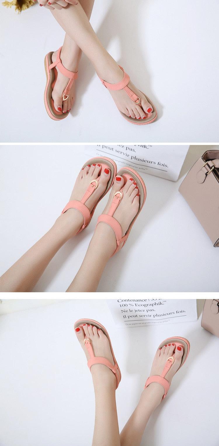 Women's T-Strap Flat Sandals Elastic Ankle Strap Beach Flip Flops