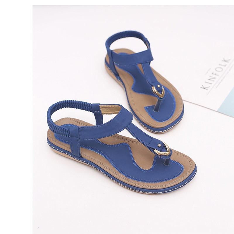Women's T-Strap Flat Sandals Elastic Ankle Strap Beach Flip Flops