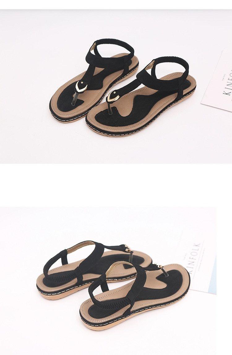 Women's T-Strap Flat Sandals Elastic Ankle Strap Beach Flip Flops