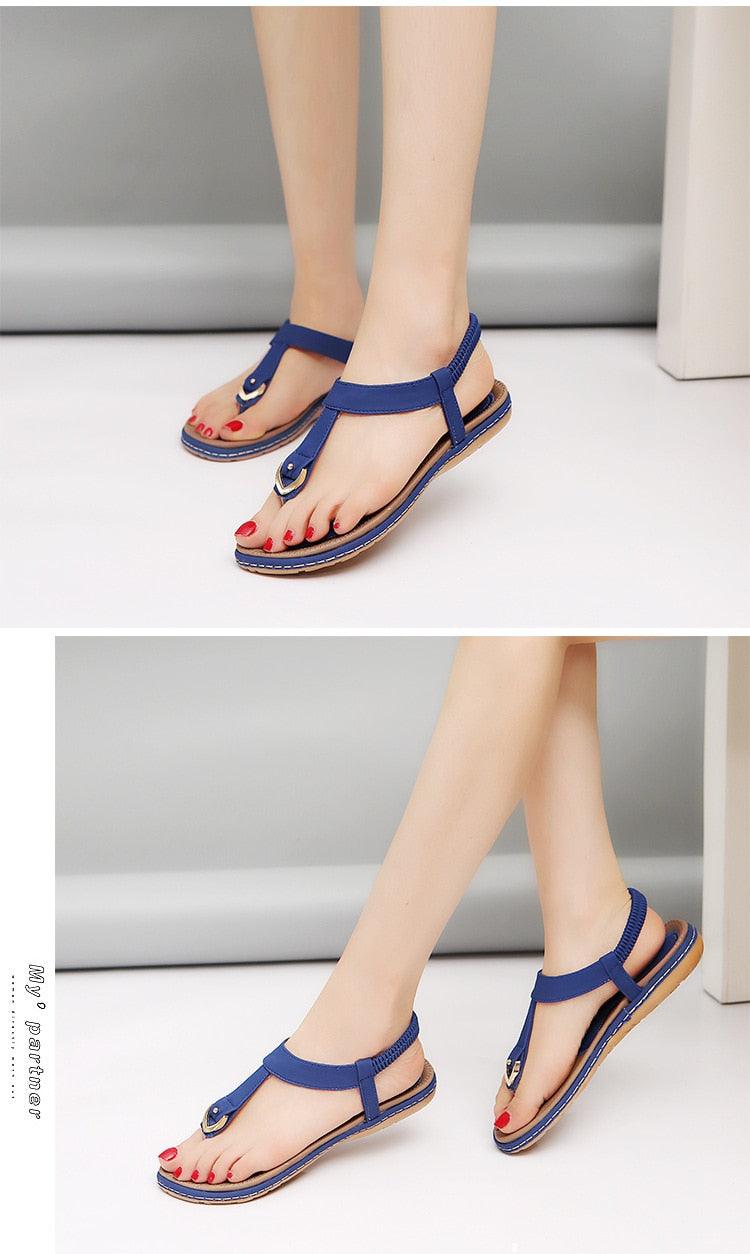 Women's T-Strap Flat Sandals Elastic Ankle Strap Beach Flip Flops