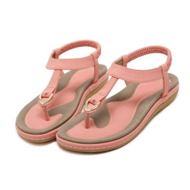 Women's T-Strap Flat Sandals Elastic Ankle Strap Beach Flip Flops