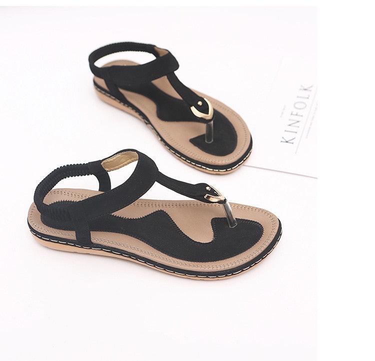 Women's T-Strap Flat Sandals Elastic Ankle Strap Beach Flip Flops