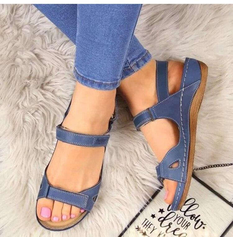 Women’s Leather Platform Flat Sandals Open Toe Casual Comfort Shoes