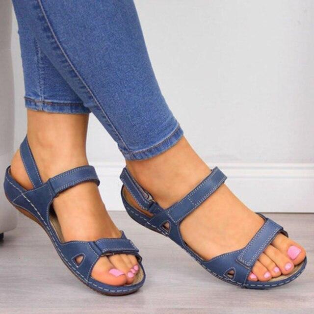 Stevvex women's leather platform flat sandals with adjustable strap and non-slip sole