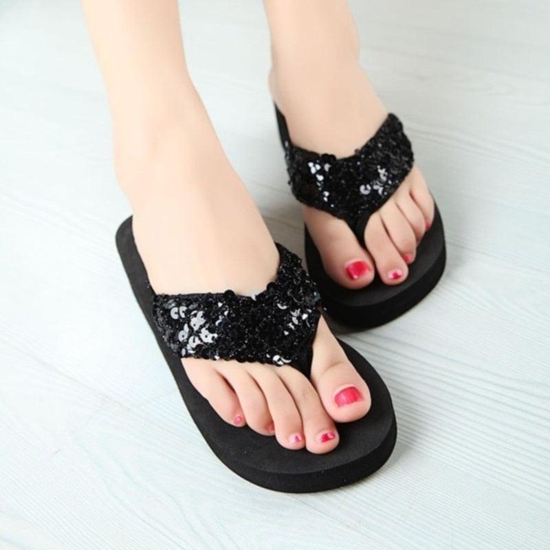 Women's Sequin Bow Slide Sandals Breathable Non-Slip Beach Shoes