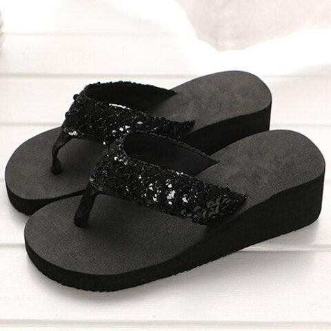 Women's Sequin Bow Slide Sandals Breathable Non-Slip Beach Shoes