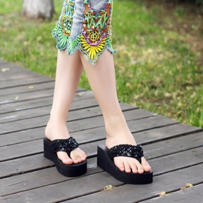 Women's Sequin Bow Slide Sandals Breathable Non-Slip Beach Shoes