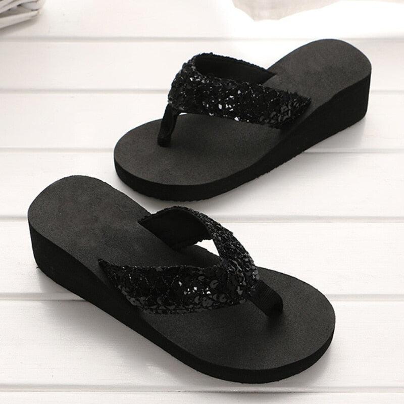 Women's Sequin Bow Slide Sandals Breathable Non-Slip Beach Shoes