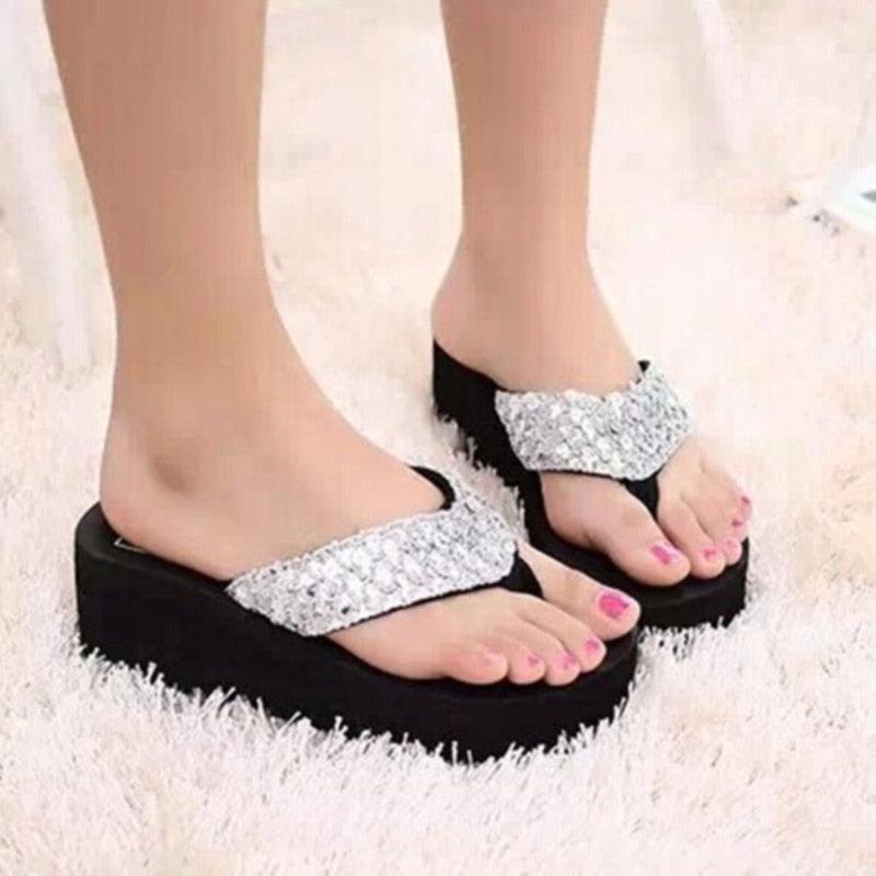 Women's Sequin Bow Slide Sandals Breathable Non-Slip Beach Shoes