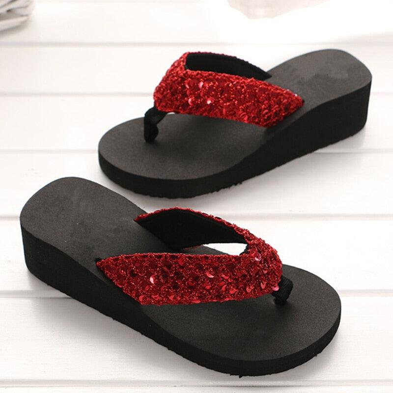 Women's Sequin Bow Slide Sandals Breathable Non-Slip Beach Shoes
