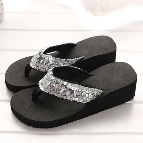 Women's Sequin Bow Slide Sandals Breathable Non-Slip Beach Shoes