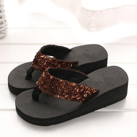 Women's Sequin Bow Slide Sandals Breathable Non-Slip Beach Shoes