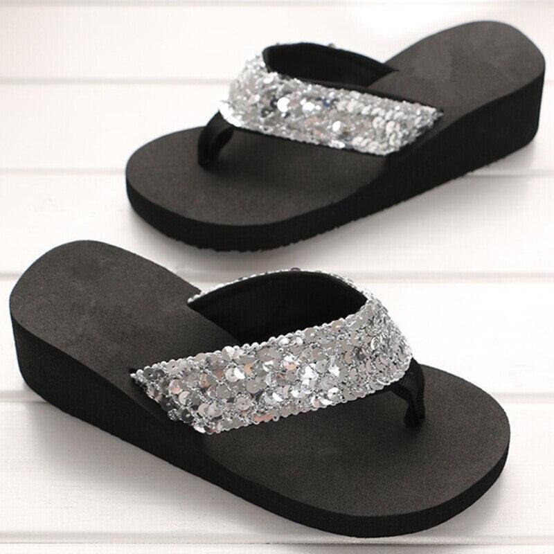 Women's Sequin Bow Slide Sandals Breathable Non-Slip Beach Shoes