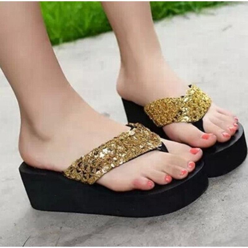 Women's Sequin Bow Slide Sandals Breathable Non-Slip Beach Shoes