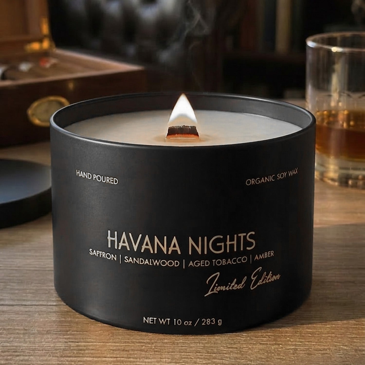 Two 6 oz wood wick candles in black containers with a gift storage box