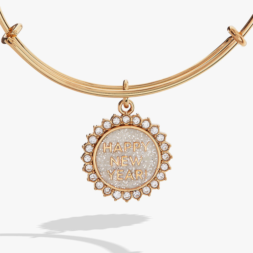 Happy New Year Crystal Accent Gold Bangle Bracelet